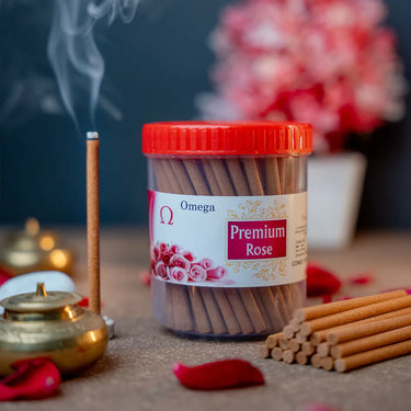 Omega-Premium Rose Bambooless Dhoop Sticks – Jar 225gm